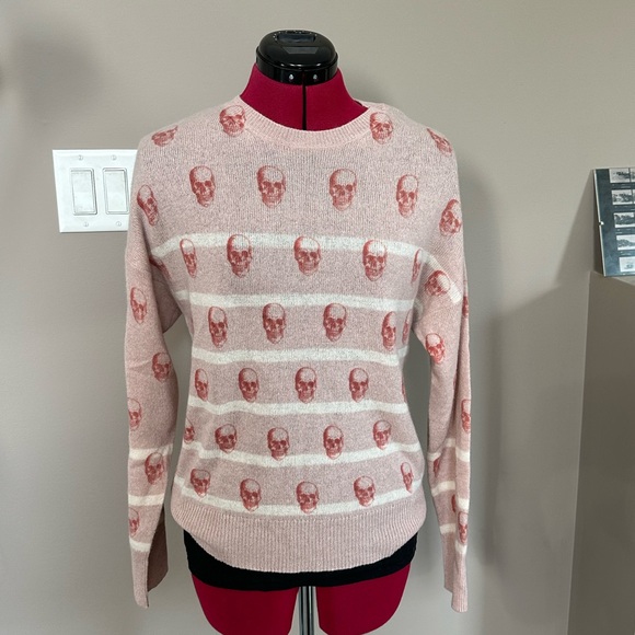 Skull Cashmere Sweaters - Skull Cashmere Blush Pink Striped Sweater with Dark Rose Skull Print